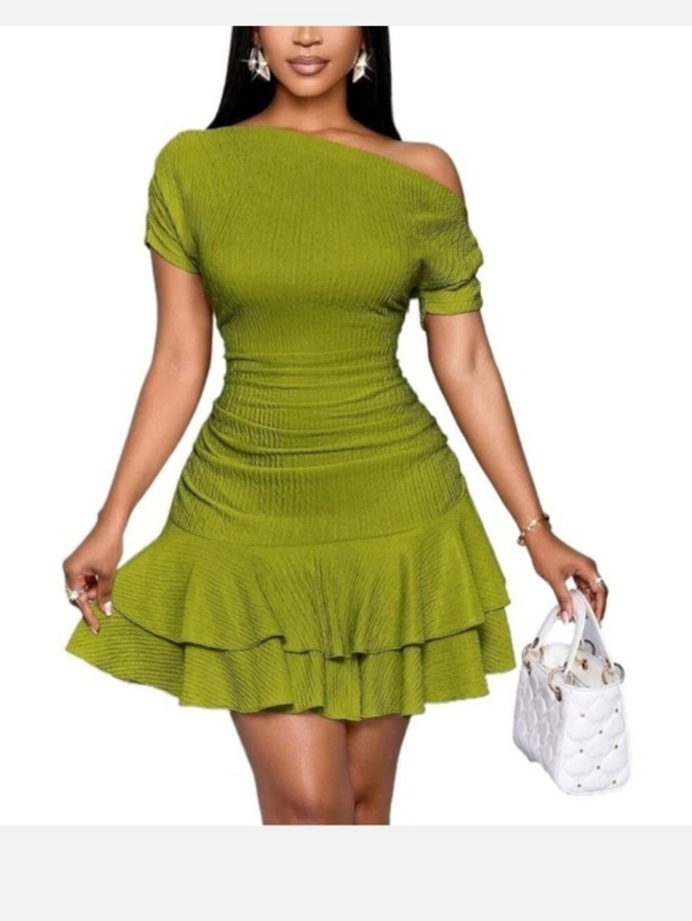 Off-Shoulder Olive Green Ribbed Ruffle Dress